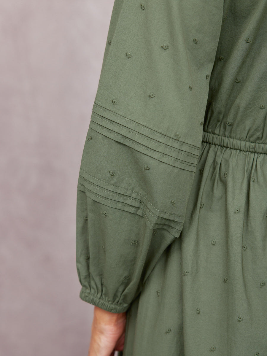 Ellen Long Sleeve Tie Waist Broderie Detail Dress - Khaki