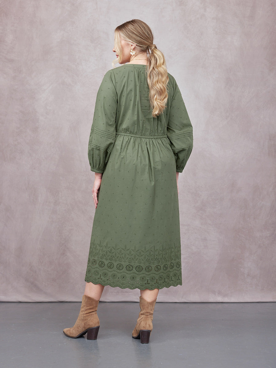 Ellen Long Sleeve Tie Waist Broderie Detail Dress - Khaki