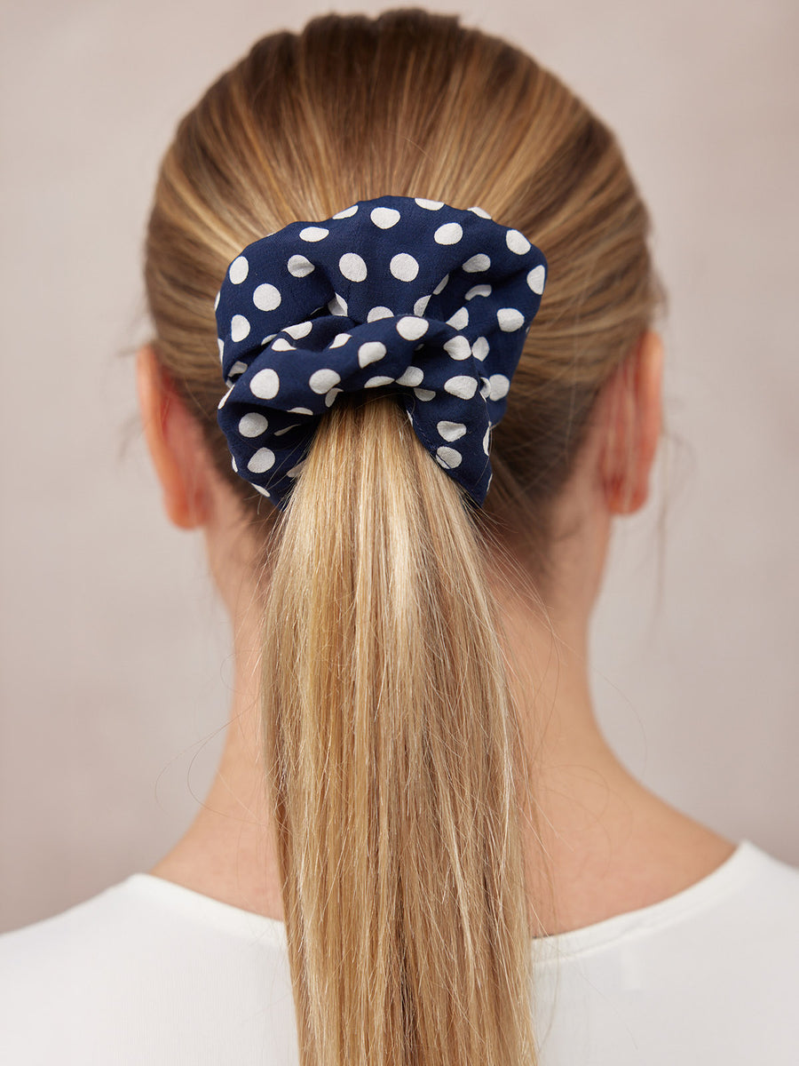 India - Hair Scrunchie - Navy Polka Dot