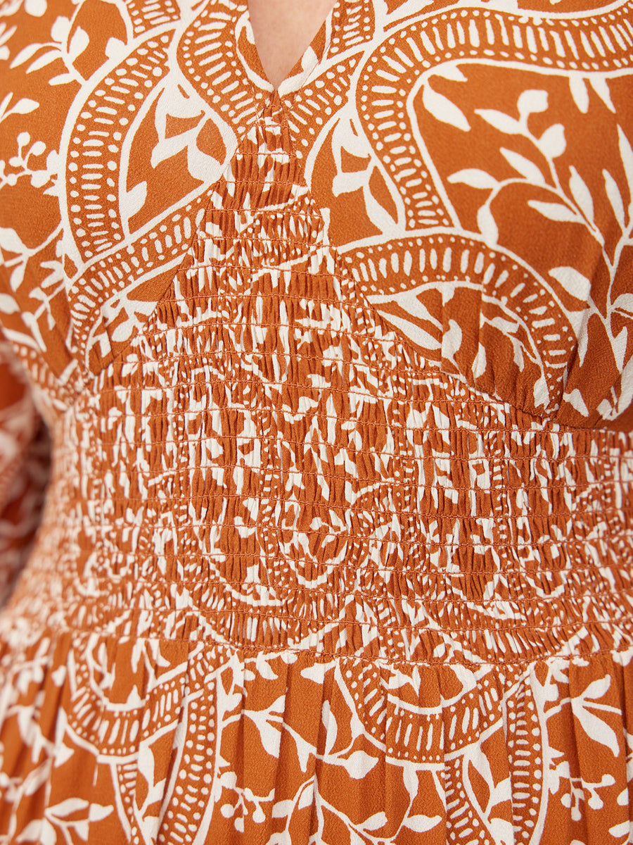 Carrie Shirred Waist Dress - Burnt Orange & Ecru Block Print