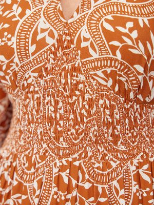 Carrie Shirred Waist Dress - Burnt Orange & Ecru Block Print