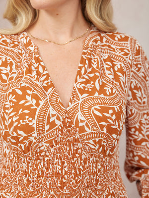 Carrie Shirred Waist Dress - Burnt Orange & Ecru Block Print