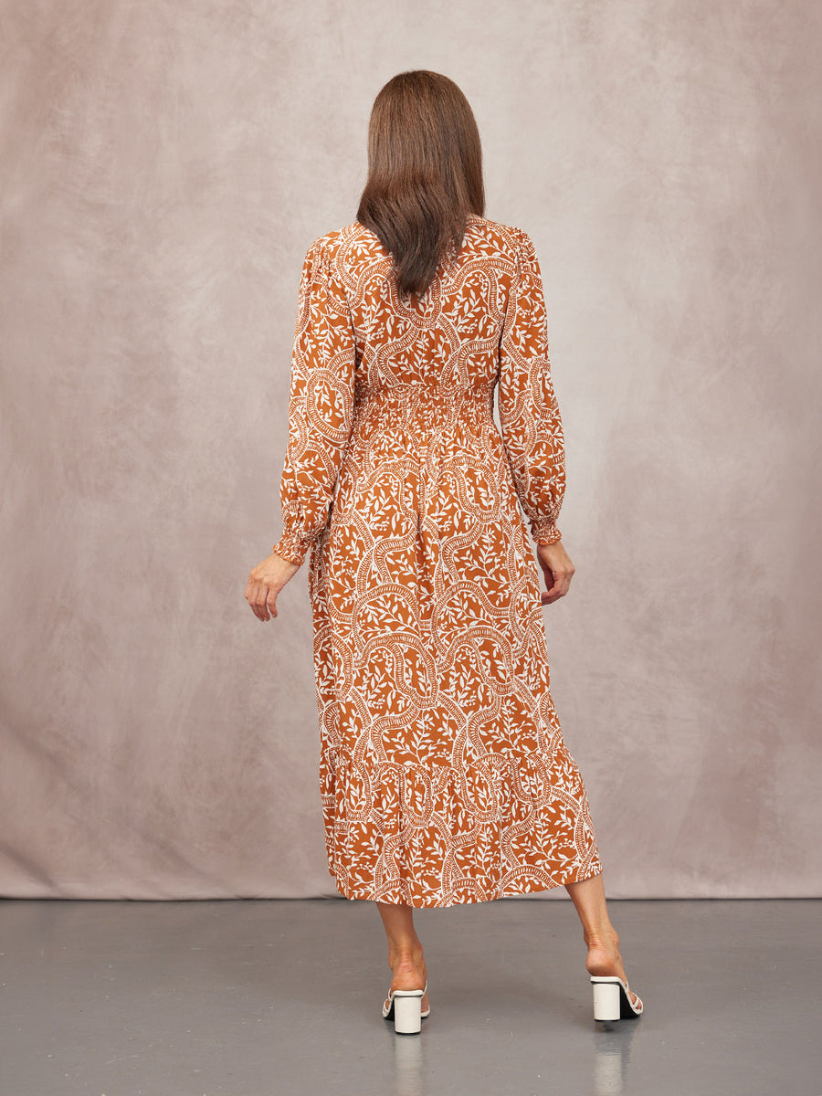 Carrie Shirred Waist Dress - Burnt Orange & Ecru Block Print