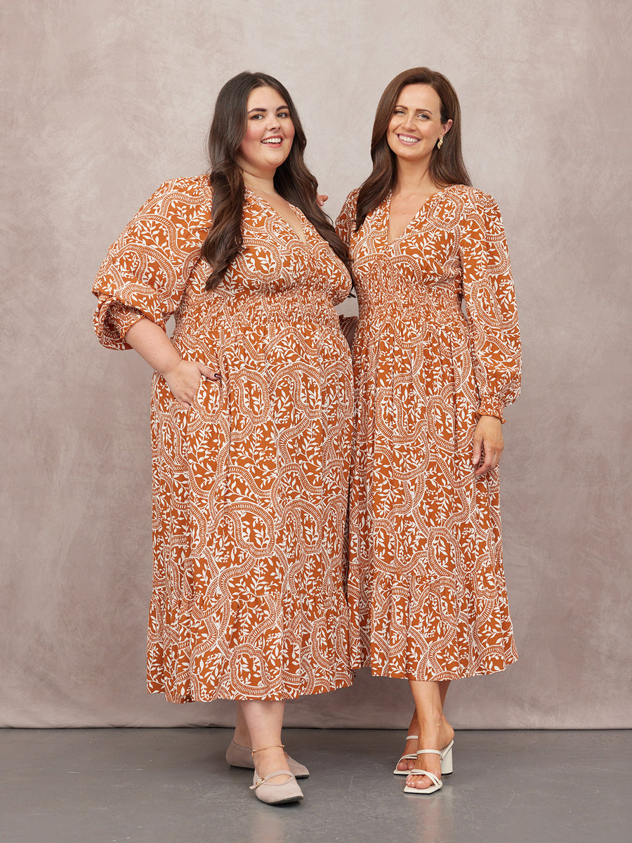 Carrie Shirred Waist Dress - Burnt Orange & Ecru Block Print