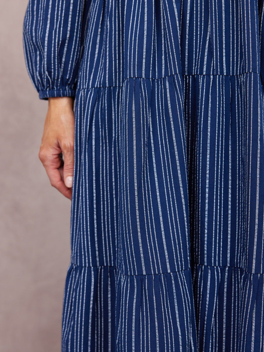Alicia Long Sleeve Tiered Stripe Dress - Navy & White