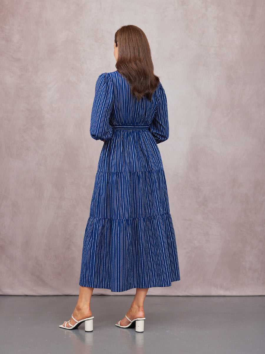 Alicia Long Sleeve Tiered Stripe Dress - Navy & White