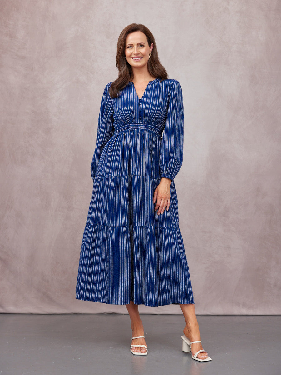 Alicia Long Sleeve Tiered Stripe Dress - Navy & White