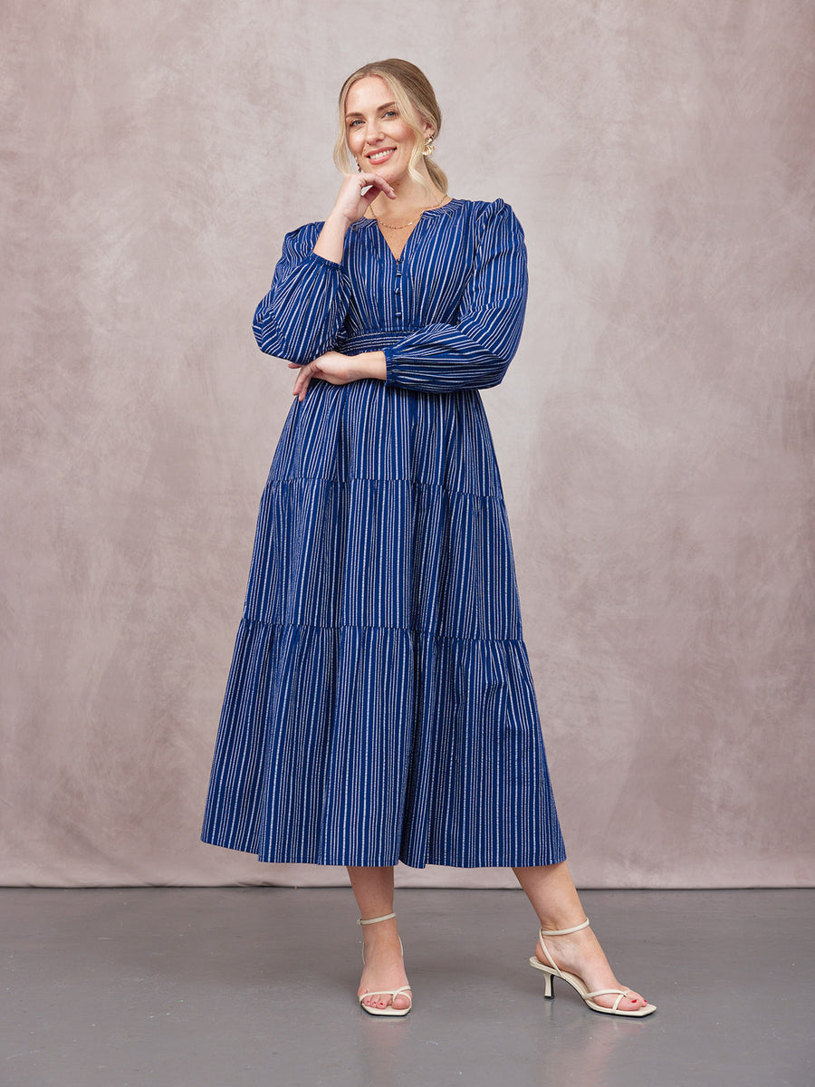 Alicia Long Sleeve Tiered Stripe Dress - Navy & White