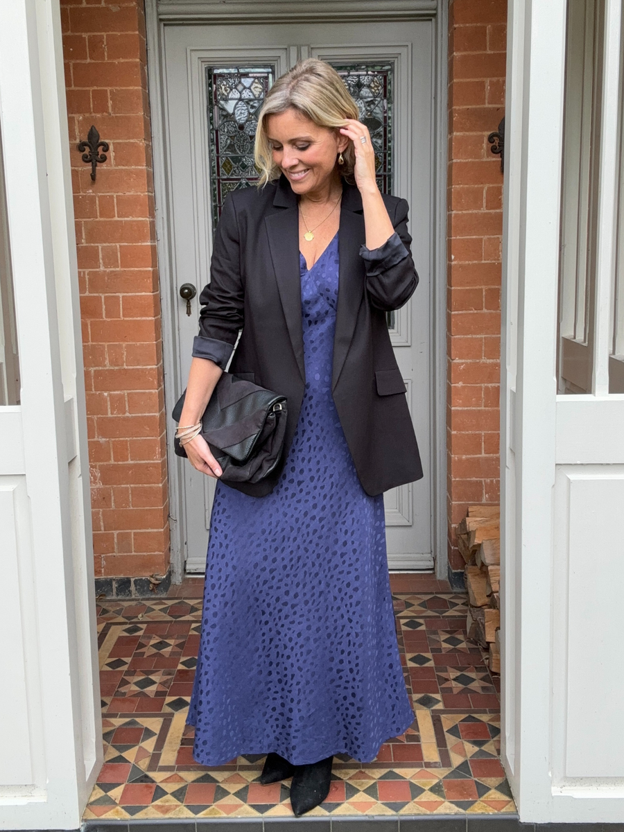 Lois - Angel Sleeve Satin Dress - Navy