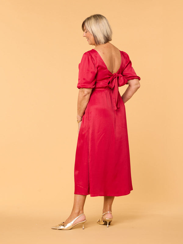 Abby - Backless Satin Midi Dress - Red