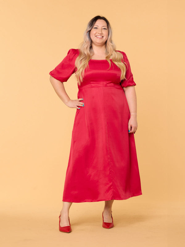 Abby - Backless Satin Midi Dress - Red