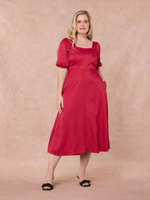 Abby - Backless Satin Midi Dress - Red