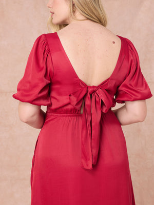 Abby - Backless Satin Midi Dress - Red