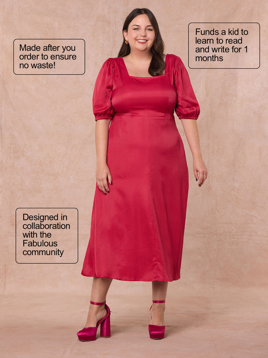 Abby - Backless Satin Midi Dress - Red