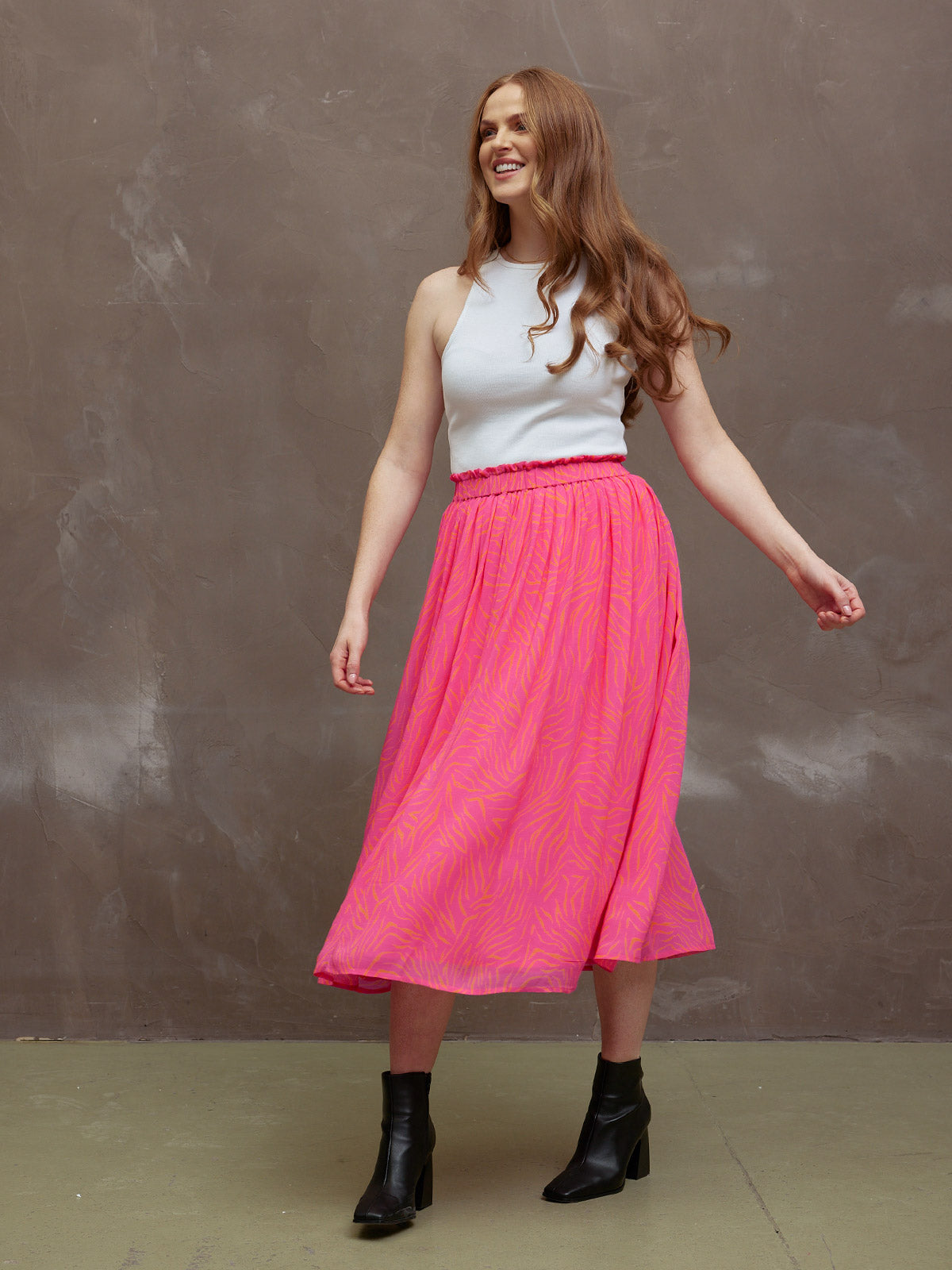 Ali - Paperbag Waist Skirt - Pink & Orange Linear Print