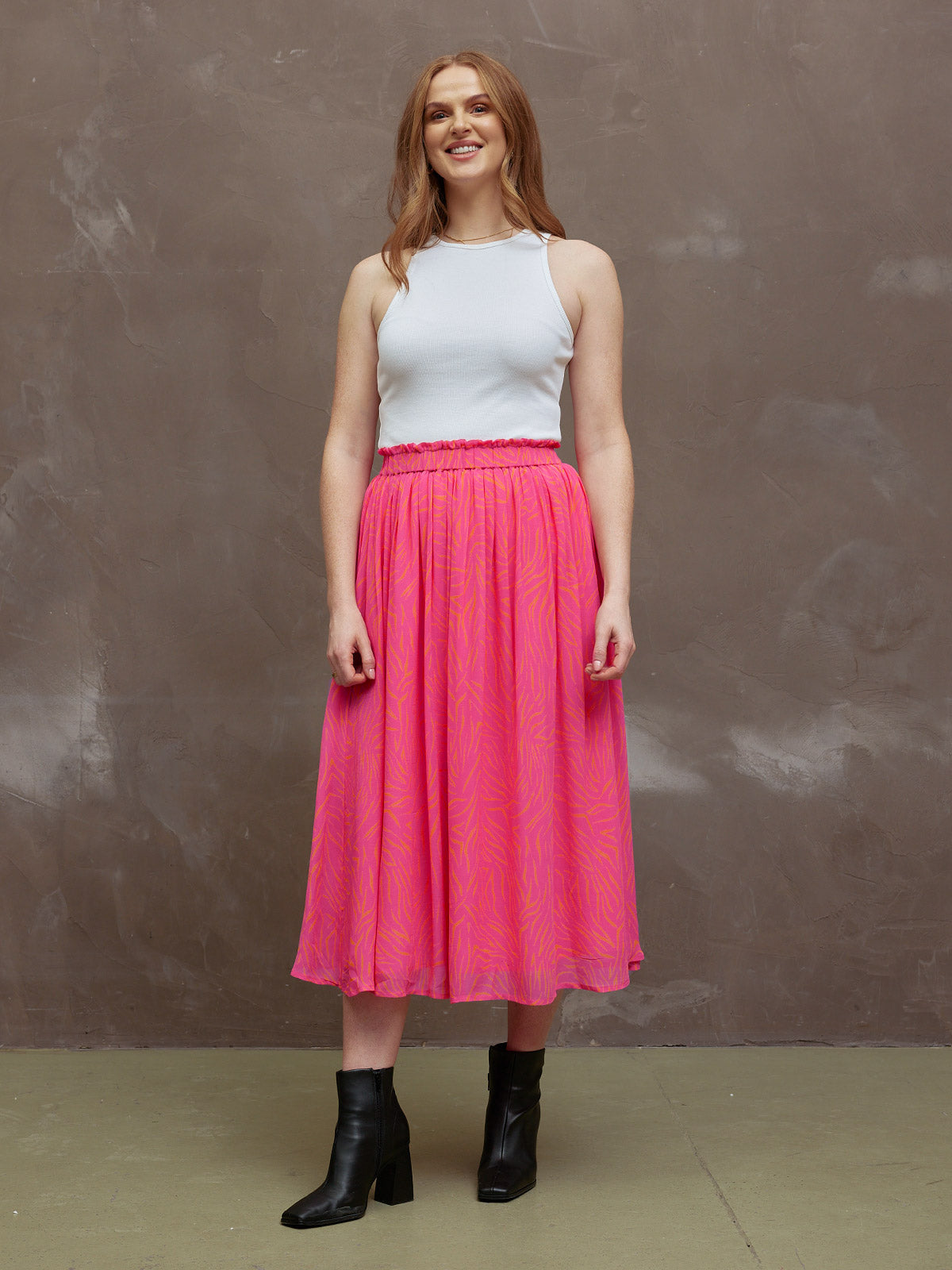 Ali - Paperbag Waist Skirt - Pink & Orange Linear Print