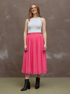 Ali - Paperbag Waist Skirt - Pink & Orange Linear Print