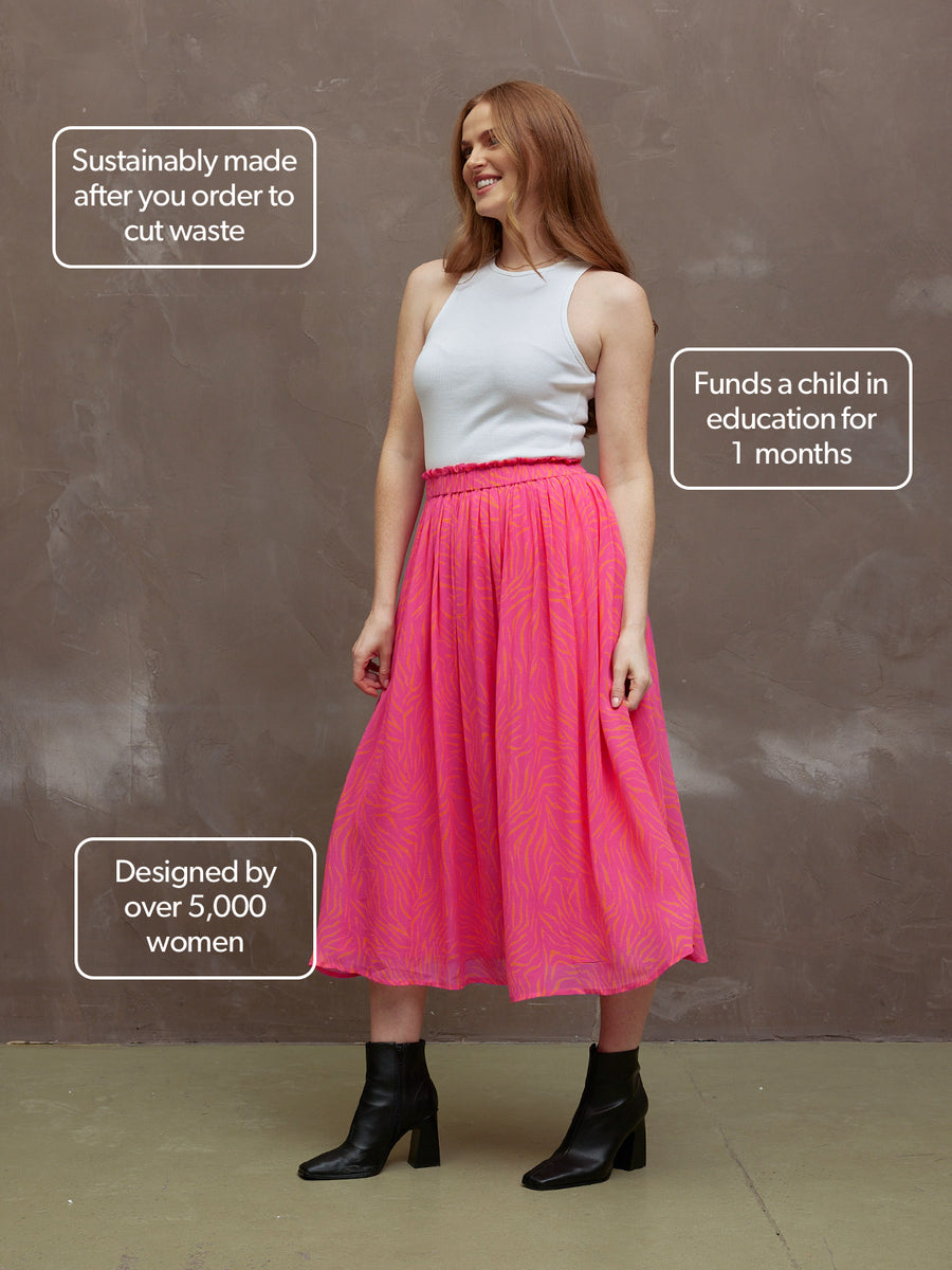 Ali - Paperbag Waist Skirt - Pink & Orange Linear Print