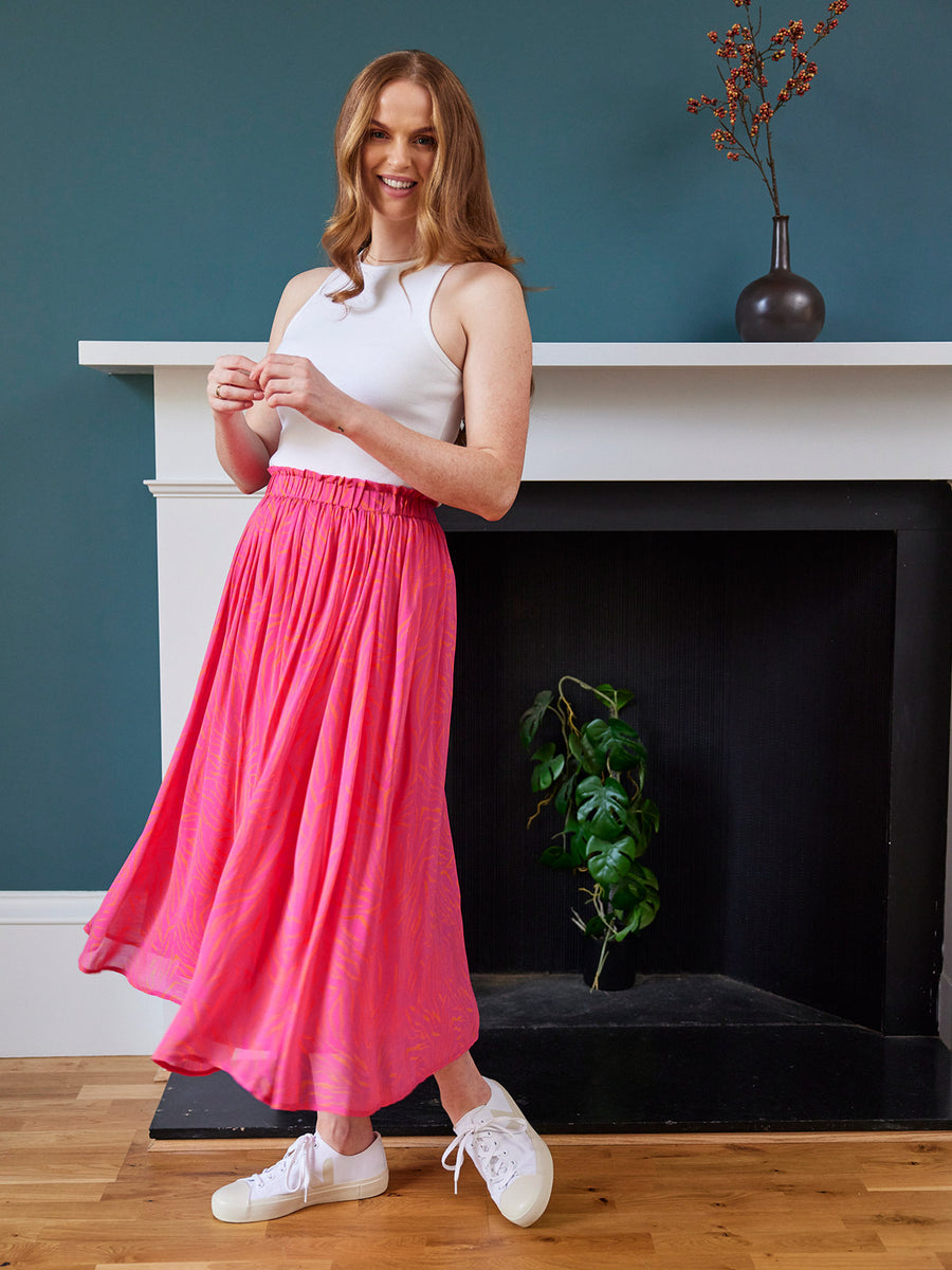 Ali - Paperbag Waist Skirt - Pink & Orange Linear Print