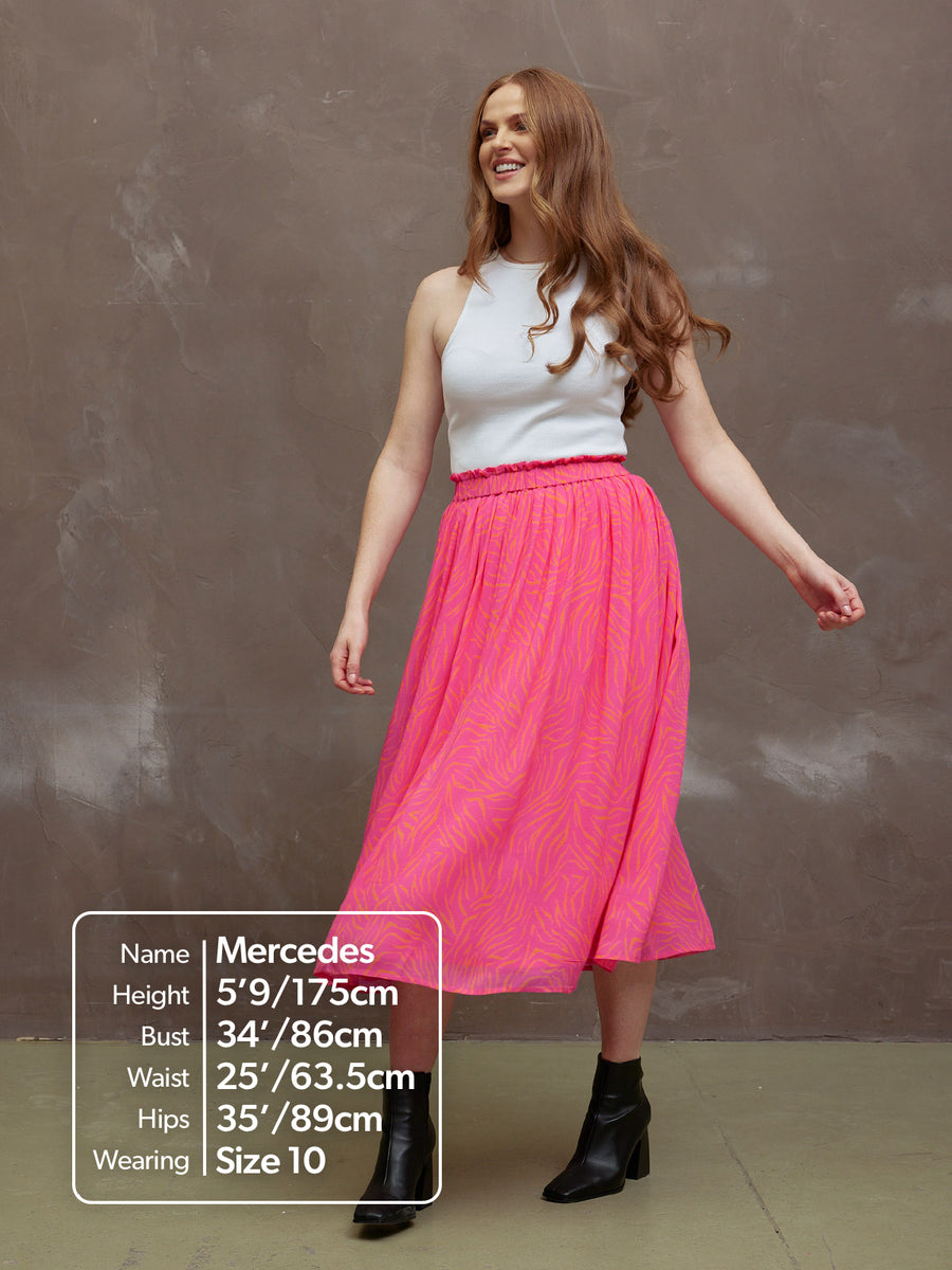 Ali - Paperbag Waist Skirt - Pink & Orange Linear Print