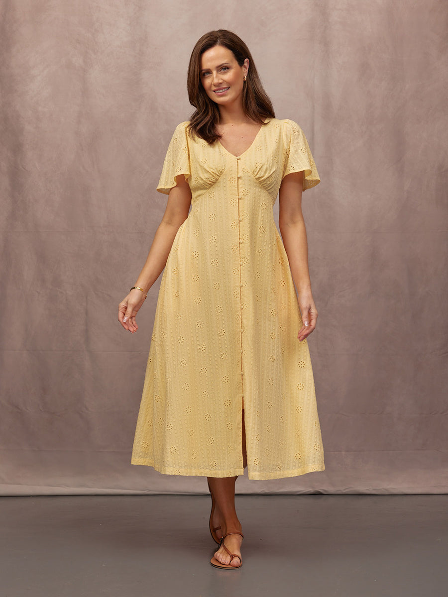 Allegra Broderie Button Through Dress - Yellow