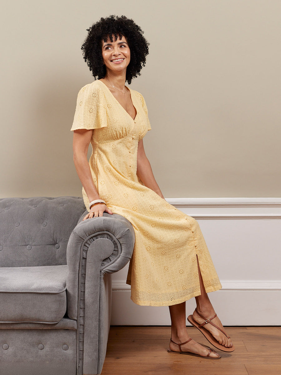 Allegra Broderie Button Through Dress - Yellow