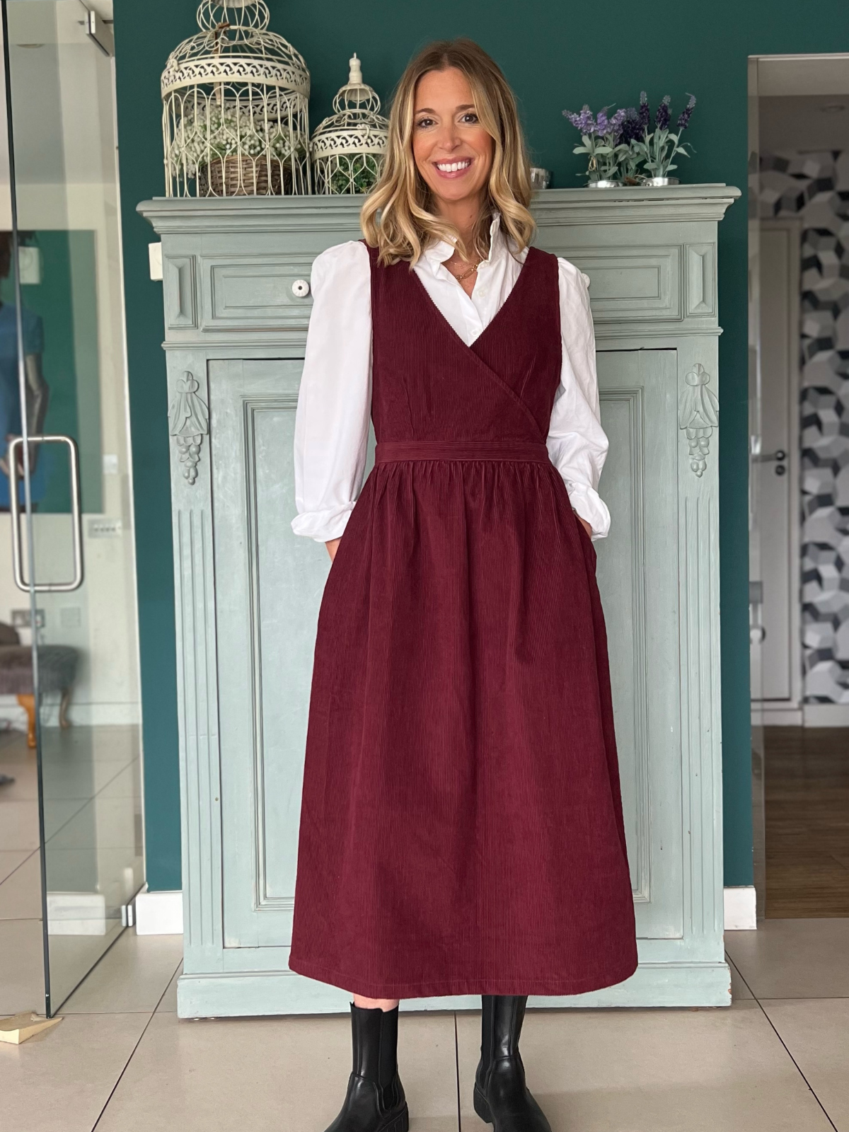 Ally Corduroy Midi Crossover Front Dress Burgundy This is