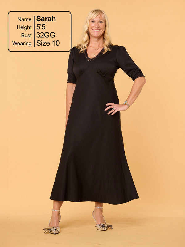 Angelica - Lace Trim Midi Dress - Black