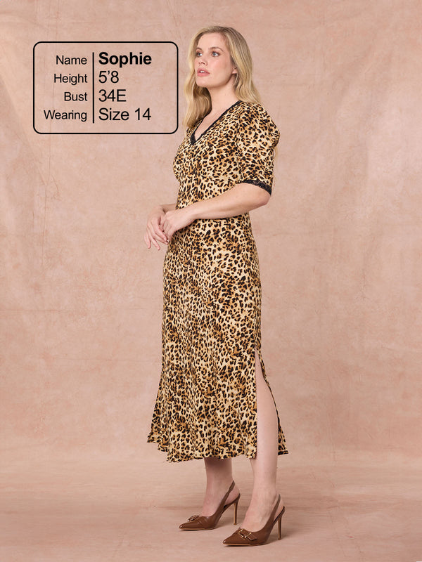 Angelica - Lace Trim Midi Dress - Leopard Print