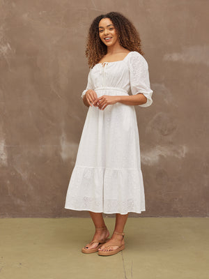 Anita - Broderie Midi Dress - White