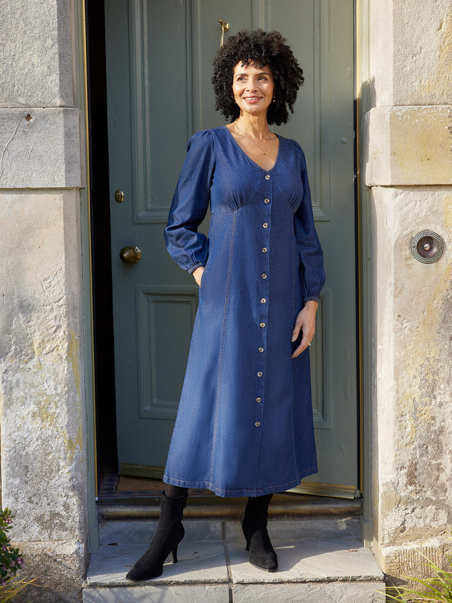 Soft Denim Midi Dress with Pockets