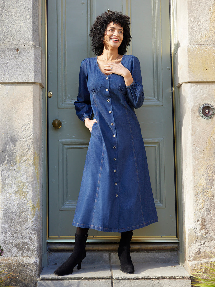 long button down denim dress Women's Casual Denim Dress Long Sleeve Lapel Button Down Maxi Jean Shirt Dresses,Blue,Small at Amazon Women's Clothing store
