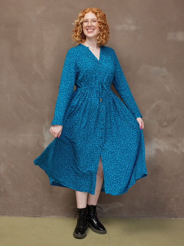 Ashleigh - Button Through Shirt Dress - Teal Print