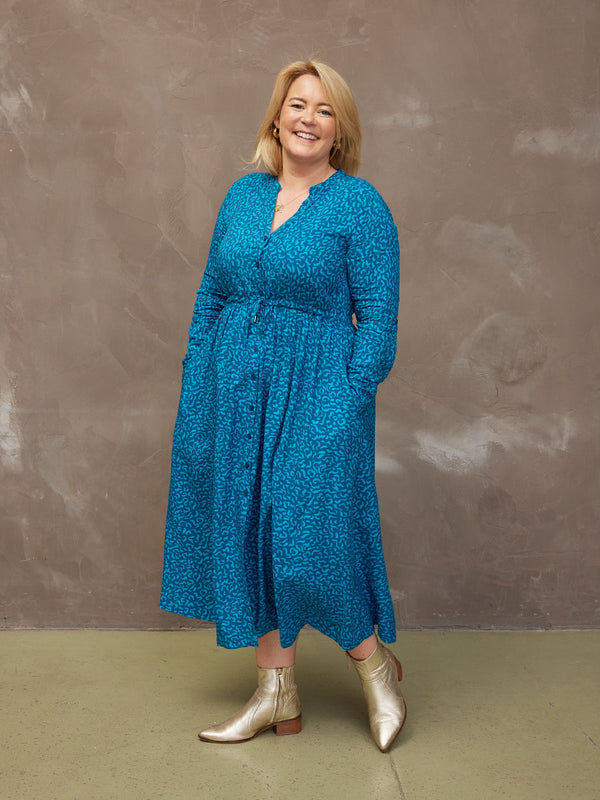 Ashleigh - Button Through Shirt Dress - Teal Print