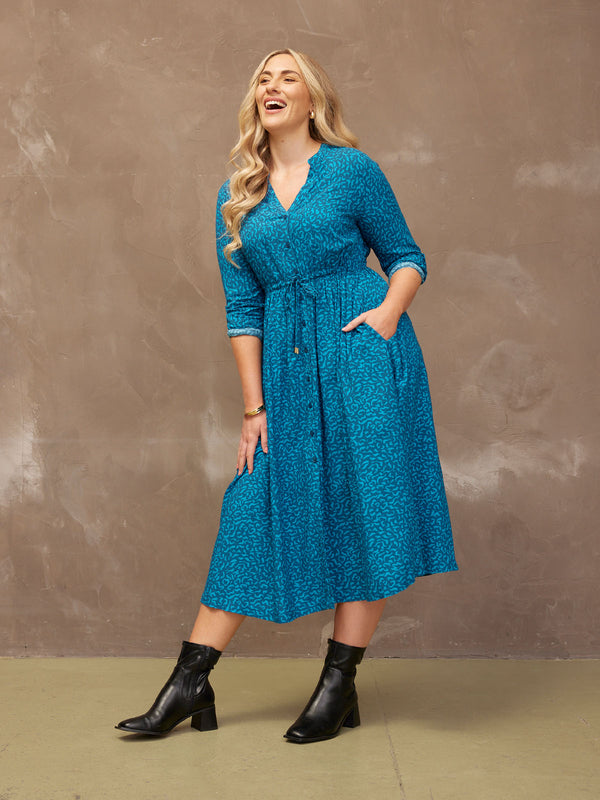 Ashleigh - Button Through Shirt Dress - Teal Print