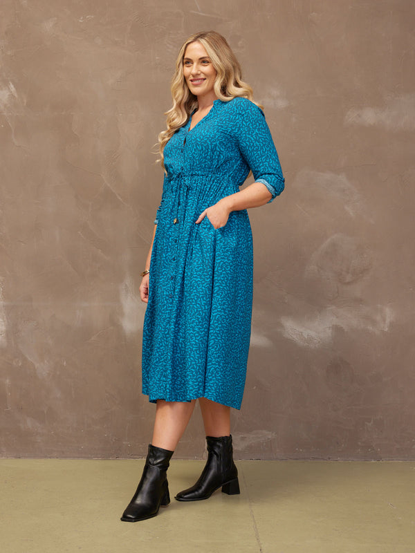 Ashleigh - Button Through Shirt Dress - Teal Print