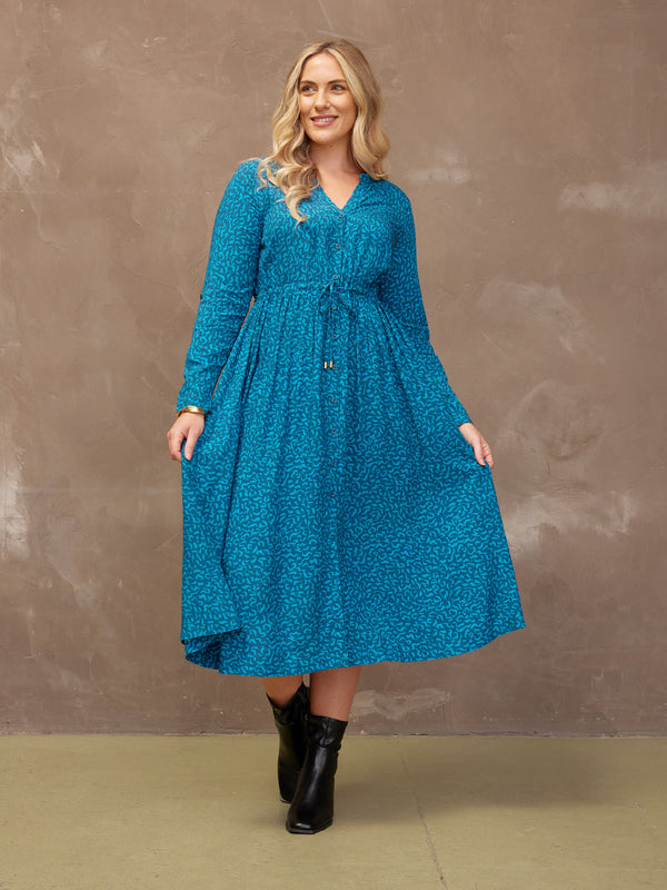 Ashleigh - Button Through Shirt Dress - Teal Print