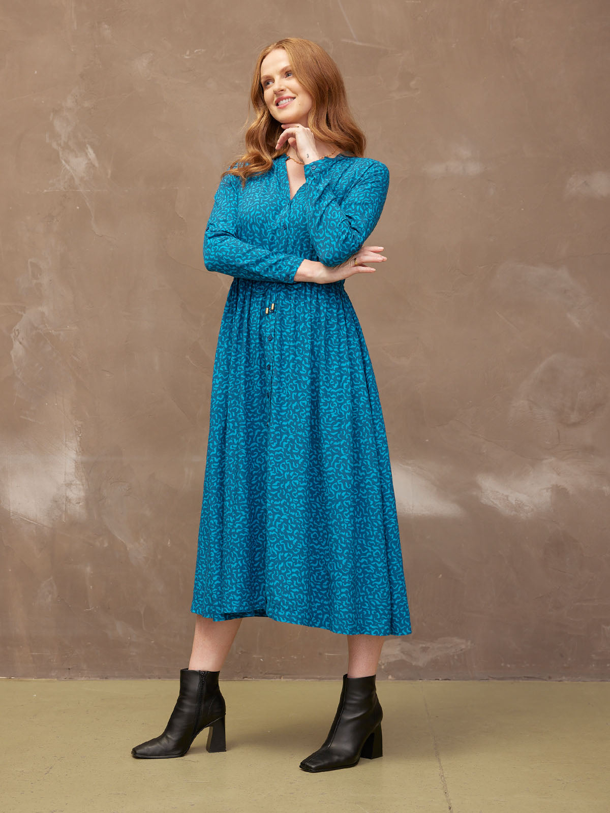 Ashleigh - Button Through Shirt Dress - Teal Print This is Unfolded Ashleigh - Button Through Shirt Dress - Teal Print This is Unfolded