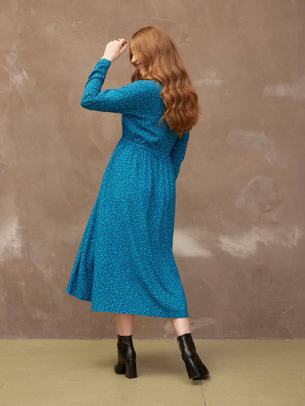 Ashleigh - Button Through Shirt Dress - Teal Print