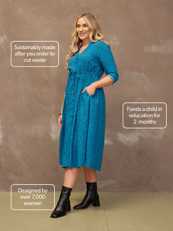 Ashleigh - Button Through Shirt Dress - Teal Print