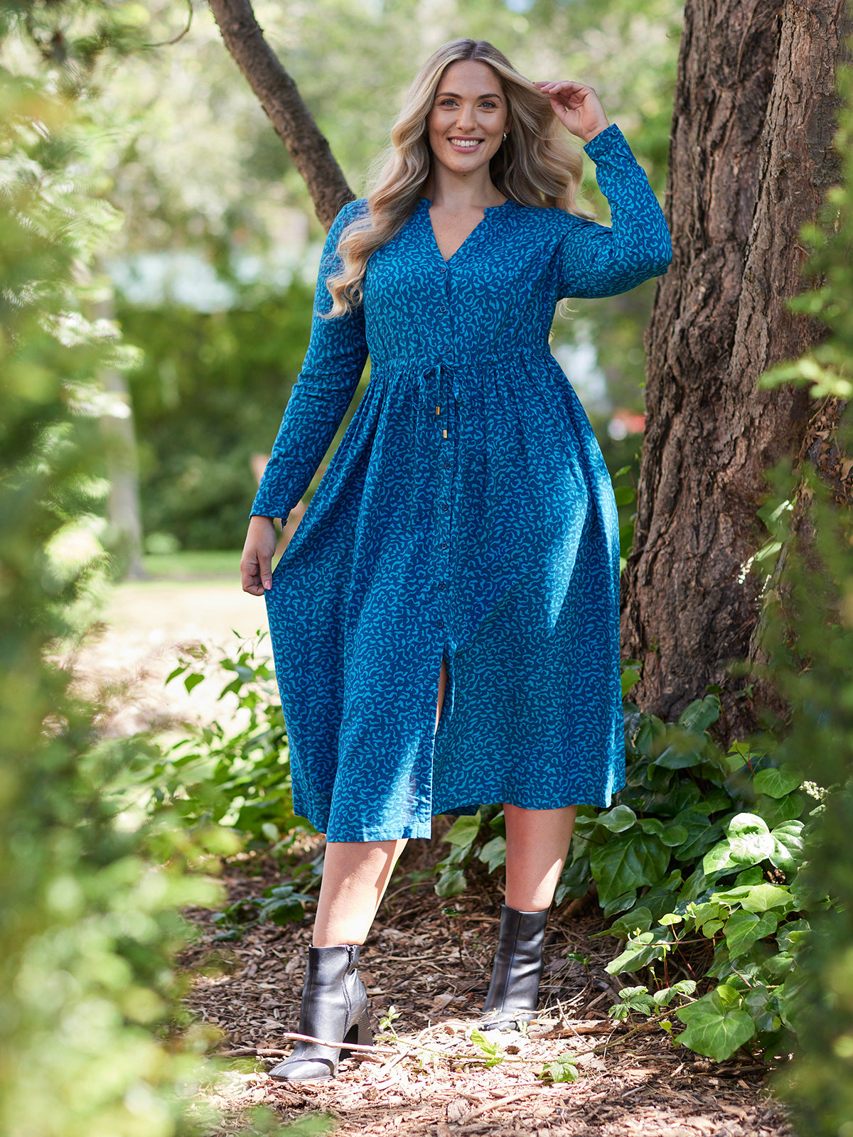 Ashleigh - Button Through Shirt Dress - Teal Print This is Unfolded Ashleigh - Button Through Shirt Dress - Teal Print This is Unfolded
