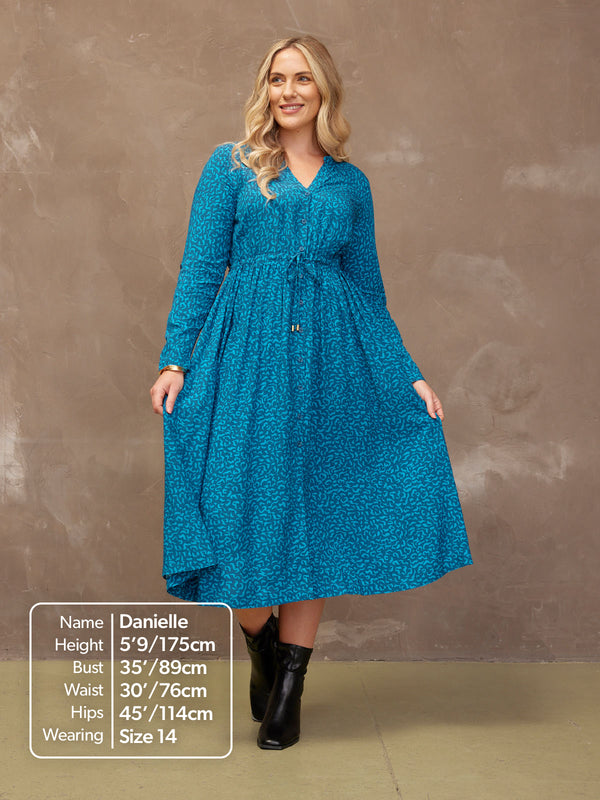 Ashleigh - Button Through Shirt Dress - Teal Print