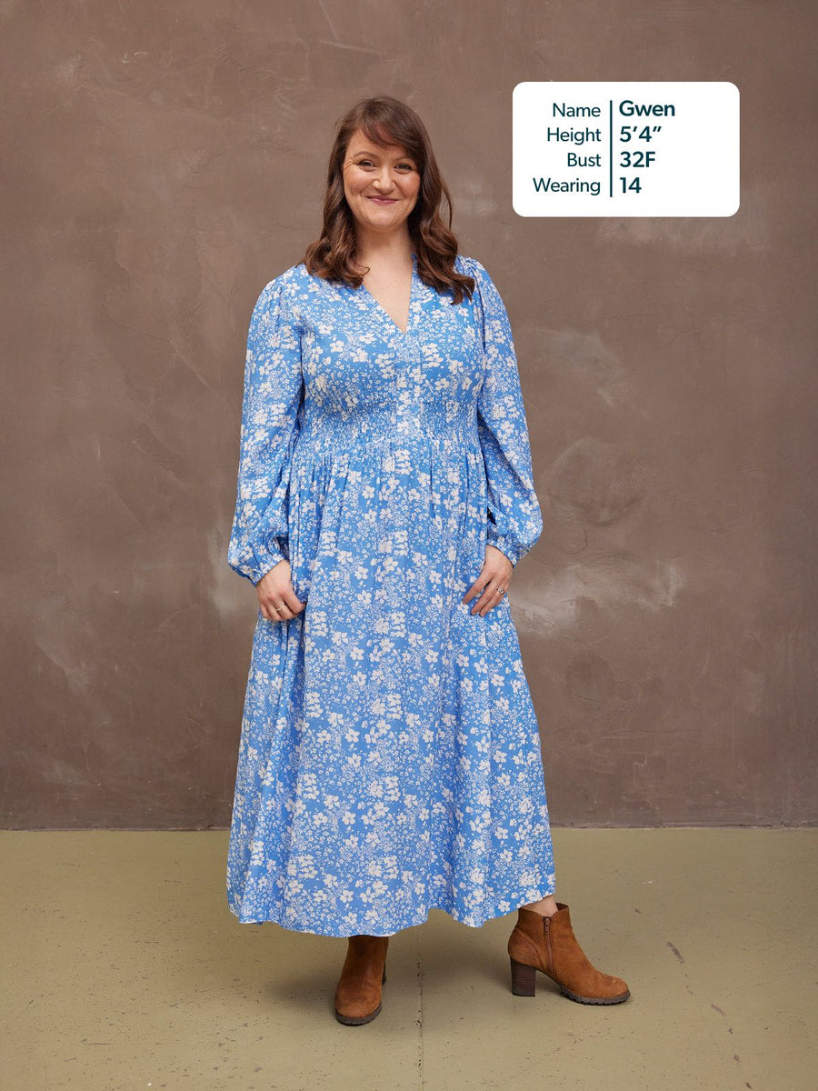 Audrey Shirred Waist V-Neck Dress - Blue Floral This is Unfolded Audrey Shirred Waist V-Neck Dress - Blue Floral This is Unfolded