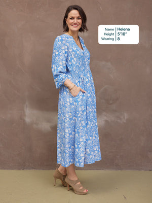 Audrey Shirred Waist V-Neck Dress - Blue Floral