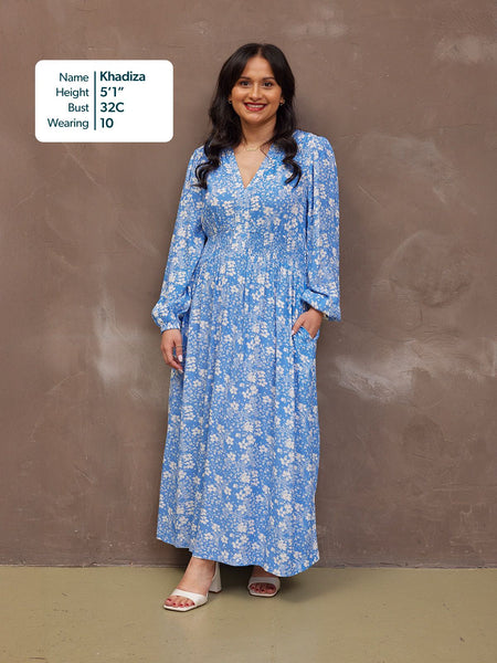 Audrey Shirred Waist V-Neck Dress - Blue Floral