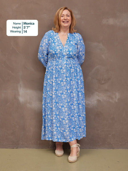 Audrey Shirred Waist V-Neck Dress - Blue Floral