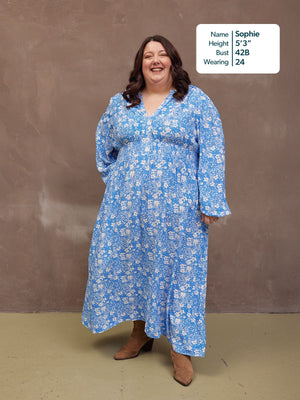 Audrey Shirred Waist V-Neck Dress - Blue Floral