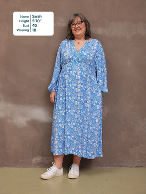 Audrey Shirred Waist V-Neck Dress - Blue Floral