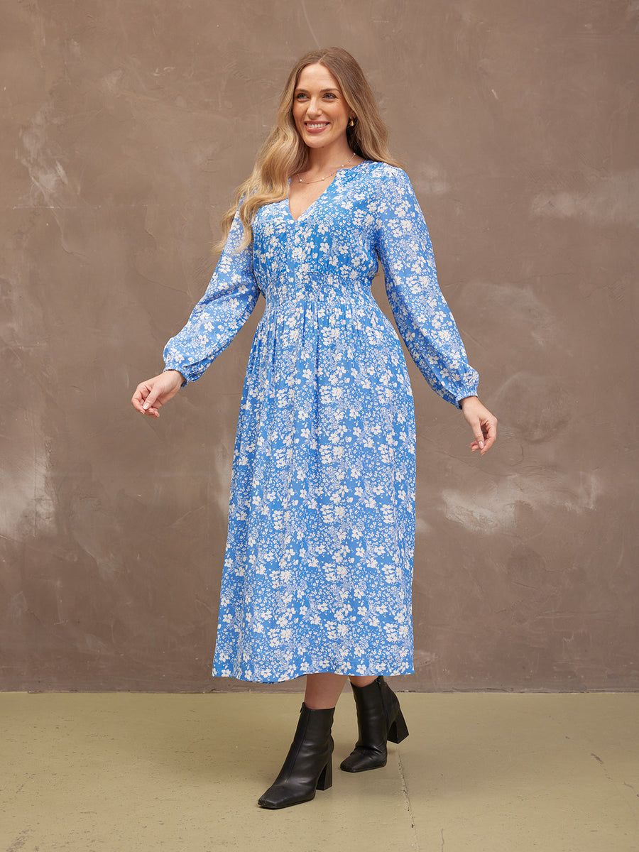 Audrey Shirred Waist V-Neck Dress - Blue Floral
