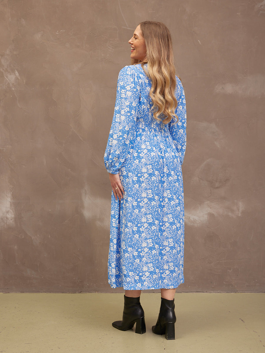 Audrey Shirred Waist V-Neck Dress - Blue Floral